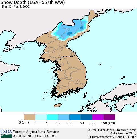 Korea Snow Depth (USAF 557th WW) Thematic Map For 3/30/2020 - 4/5/2020