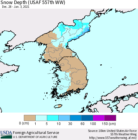 Korea Snow Depth (USAF 557th WW) Thematic Map For 12/28/2020 - 1/3/2021