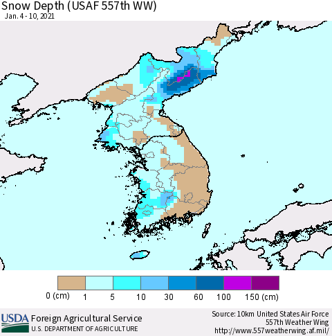 Korea Snow Depth (USAF 557th WW) Thematic Map For 1/4/2021 - 1/10/2021