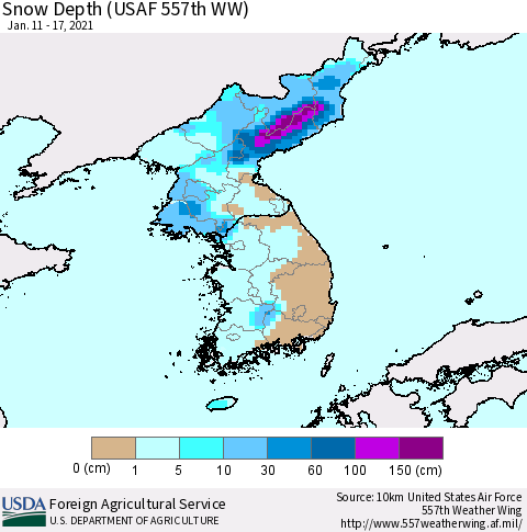 Korea Snow Depth (USAF 557th WW) Thematic Map For 1/11/2021 - 1/17/2021