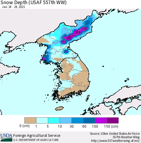Korea Snow Depth (USAF 557th WW) Thematic Map For 1/18/2021 - 1/24/2021
