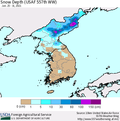 Korea Snow Depth (USAF 557th WW) Thematic Map For 1/25/2021 - 1/31/2021