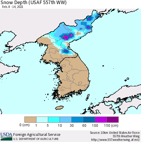 Korea Snow Depth (USAF 557th WW) Thematic Map For 2/8/2021 - 2/14/2021