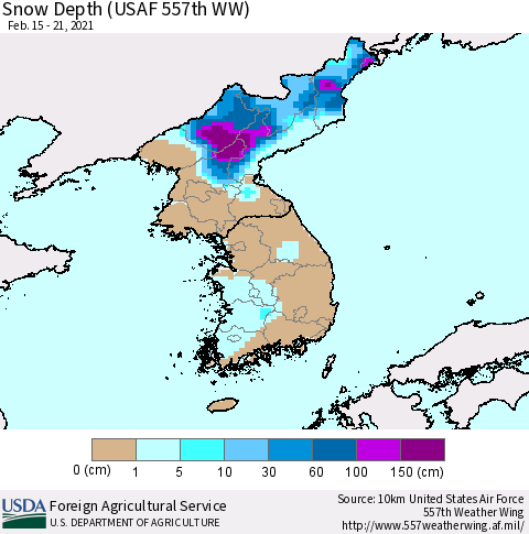 Korea Snow Depth (USAF 557th WW) Thematic Map For 2/15/2021 - 2/21/2021