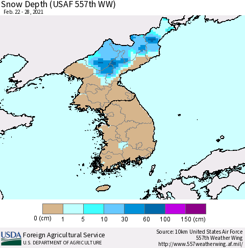 Korea Snow Depth (USAF 557th WW) Thematic Map For 2/22/2021 - 2/28/2021