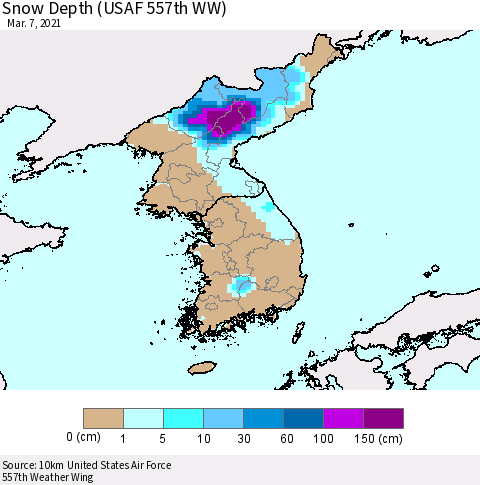 Korea Snow Depth (USAF 557th WW) Thematic Map For 3/1/2021 - 3/7/2021