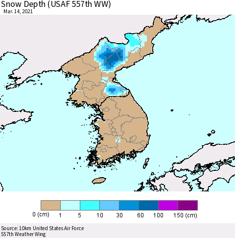 Korea Snow Depth (USAF 557th WW) Thematic Map For 3/8/2021 - 3/14/2021
