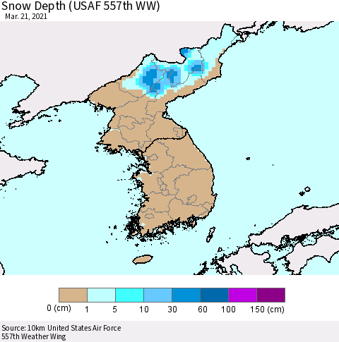 Korea Snow Depth (USAF 557th WW) Thematic Map For 3/15/2021 - 3/21/2021