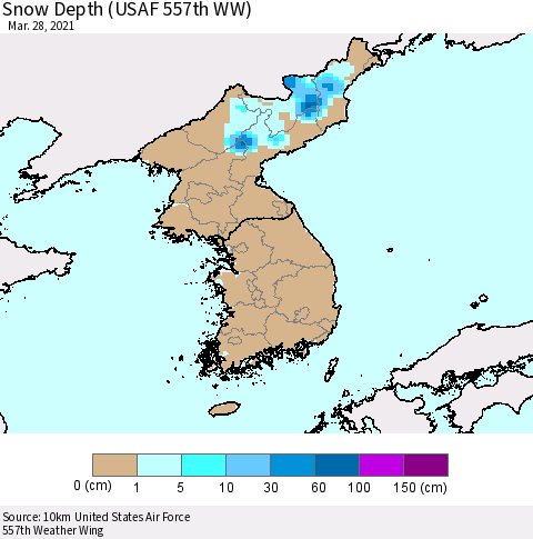 Korea Snow Depth (USAF 557th WW) Thematic Map For 3/22/2021 - 3/28/2021