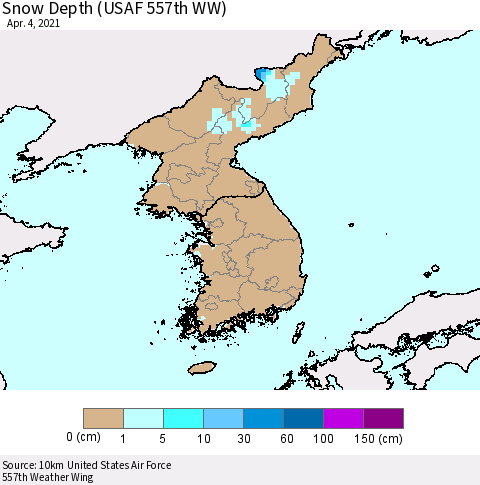 Korea Snow Depth (USAF 557th WW) Thematic Map For 3/29/2021 - 4/4/2021