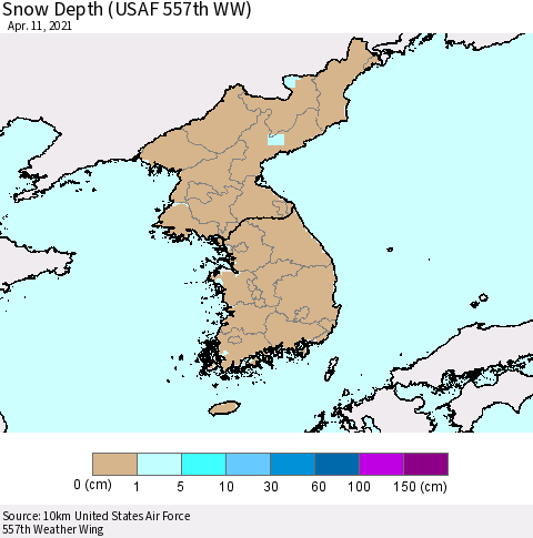 Korea Snow Depth (USAF 557th WW) Thematic Map For 4/5/2021 - 4/11/2021