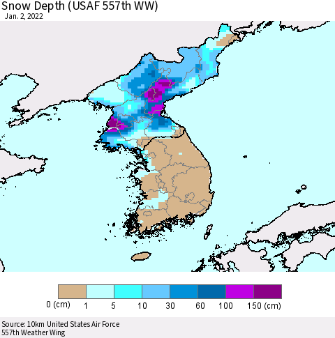 Korea Snow Depth (USAF 557th WW) Thematic Map For 12/27/2021 - 1/2/2022