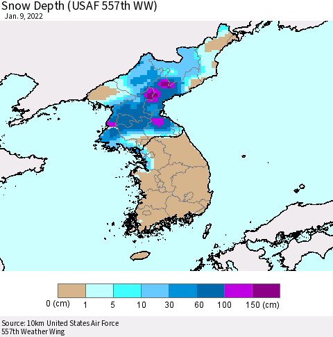 Korea Snow Depth (USAF 557th WW) Thematic Map For 1/3/2022 - 1/9/2022
