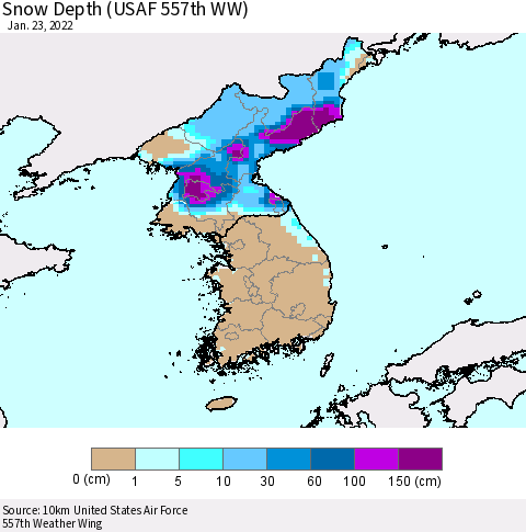 Korea Snow Depth (USAF 557th WW) Thematic Map For 1/17/2022 - 1/23/2022