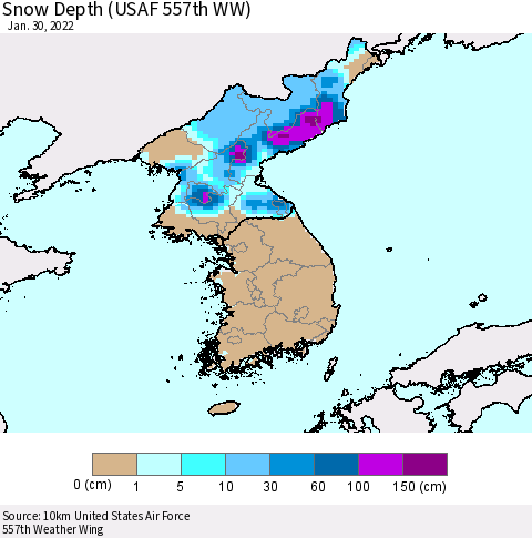Korea Snow Depth (USAF 557th WW) Thematic Map For 1/24/2022 - 1/30/2022