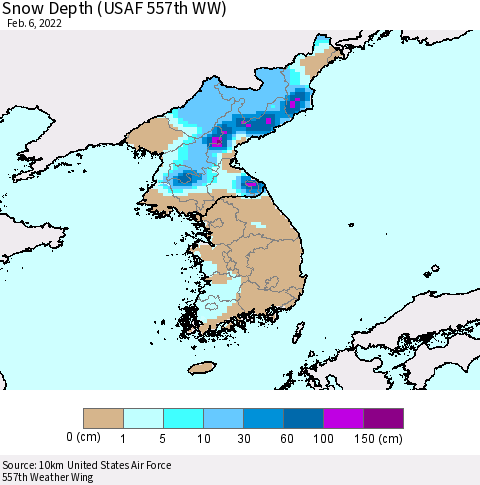 Korea Snow Depth (USAF 557th WW) Thematic Map For 1/31/2022 - 2/6/2022