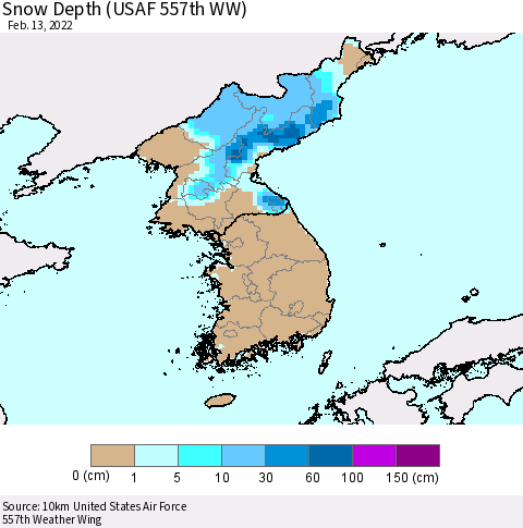 Korea Snow Depth (USAF 557th WW) Thematic Map For 2/7/2022 - 2/13/2022