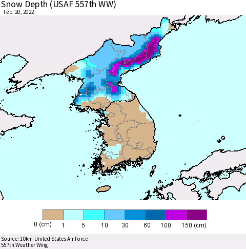 Korea Snow Depth (USAF 557th WW) Thematic Map For 2/14/2022 - 2/20/2022