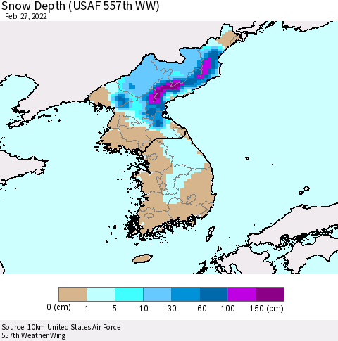 Korea Snow Depth (USAF 557th WW) Thematic Map For 2/21/2022 - 2/27/2022