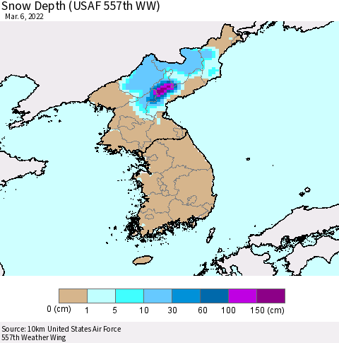 Korea Snow Depth (USAF 557th WW) Thematic Map For 2/28/2022 - 3/6/2022