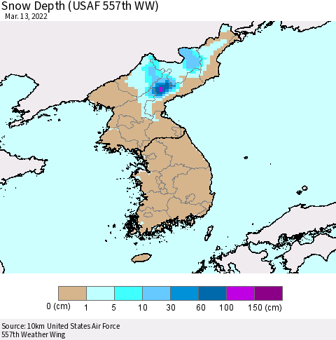 Korea Snow Depth (USAF 557th WW) Thematic Map For 3/7/2022 - 3/13/2022