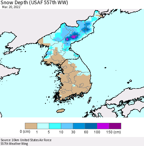Korea Snow Depth (USAF 557th WW) Thematic Map For 3/14/2022 - 3/20/2022