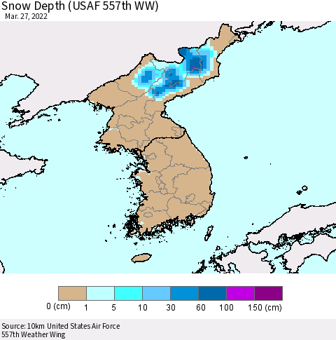 Korea Snow Depth (USAF 557th WW) Thematic Map For 3/21/2022 - 3/27/2022