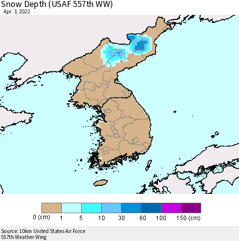 Korea Snow Depth (USAF 557th WW) Thematic Map For 3/28/2022 - 4/3/2022
