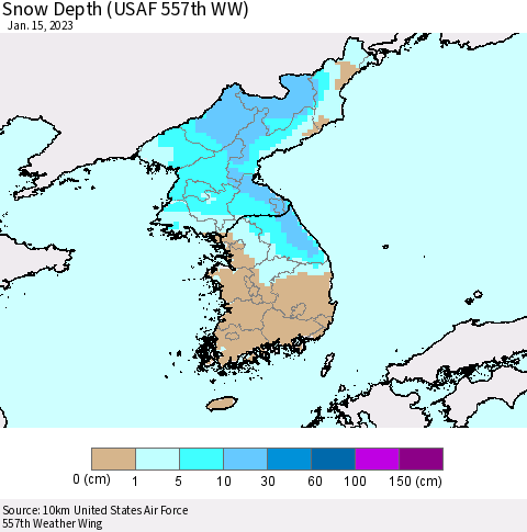 Korea Snow Depth (USAF 557th WW) Thematic Map For 1/9/2023 - 1/15/2023