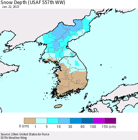 Korea Snow Depth (USAF 557th WW) Thematic Map For 1/16/2023 - 1/22/2023