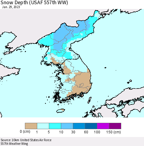 Korea Snow Depth (USAF 557th WW) Thematic Map For 1/23/2023 - 1/29/2023