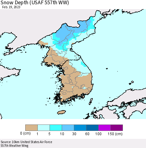 Korea Snow Depth (USAF 557th WW) Thematic Map For 2/13/2023 - 2/19/2023