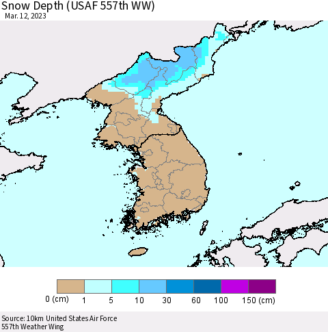 Korea Snow Depth (USAF 557th WW) Thematic Map For 3/6/2023 - 3/12/2023