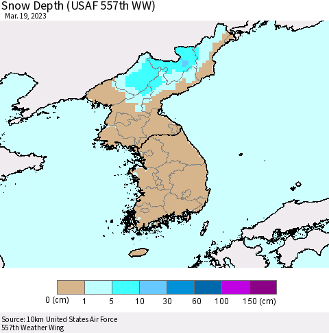 Korea Snow Depth (USAF 557th WW) Thematic Map For 3/13/2023 - 3/19/2023