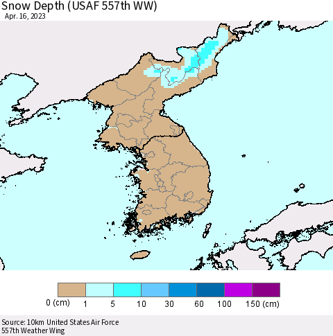 Korea Snow Depth (USAF 557th WW) Thematic Map For 4/10/2023 - 4/16/2023