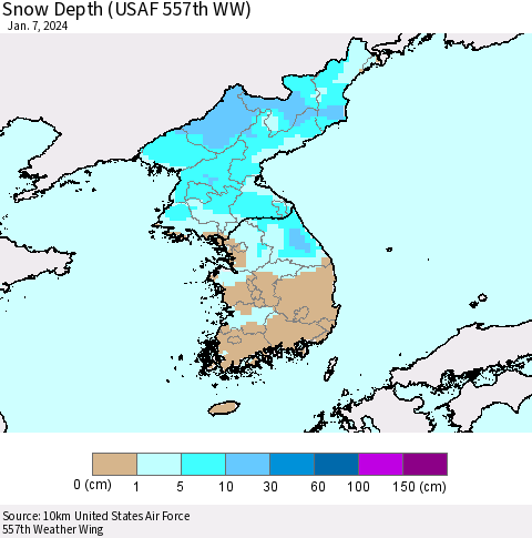 Korea Snow Depth (USAF 557th WW) Thematic Map For 1/1/2024 - 1/7/2024
