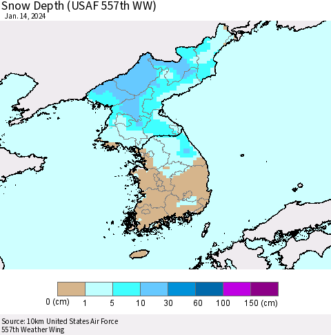 Korea Snow Depth (USAF 557th WW) Thematic Map For 1/8/2024 - 1/14/2024