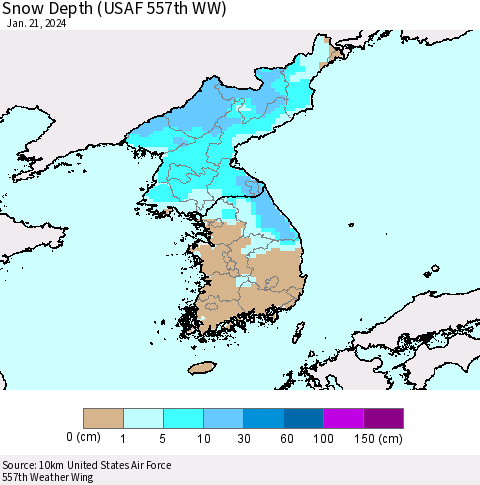 Korea Snow Depth (USAF 557th WW) Thematic Map For 1/15/2024 - 1/21/2024