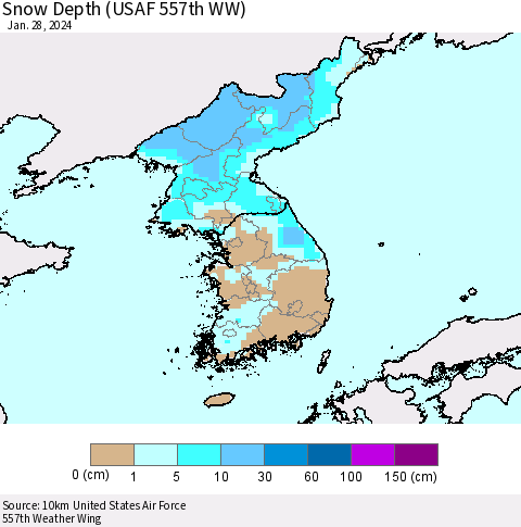 Korea Snow Depth (USAF 557th WW) Thematic Map For 1/22/2024 - 1/28/2024