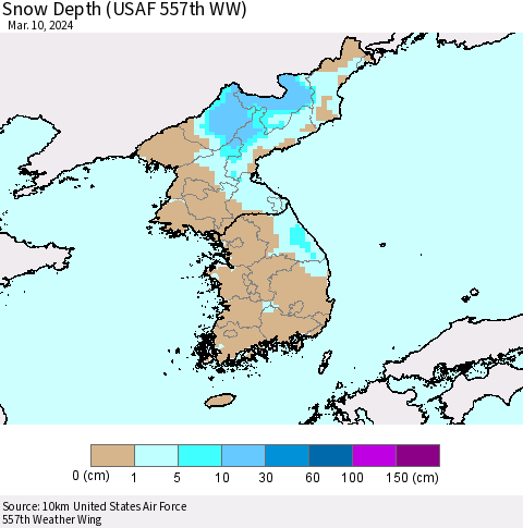 Korea Snow Depth (USAF 557th WW) Thematic Map For 3/4/2024 - 3/10/2024