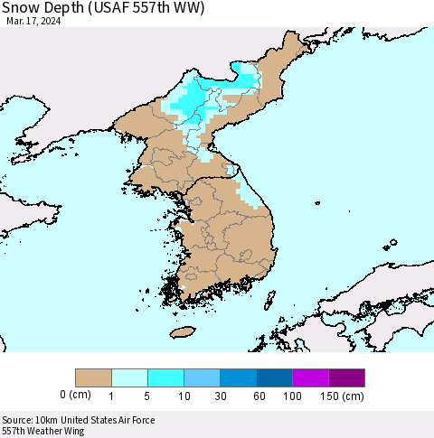 Korea Snow Depth (USAF 557th WW) Thematic Map For 3/11/2024 - 3/17/2024