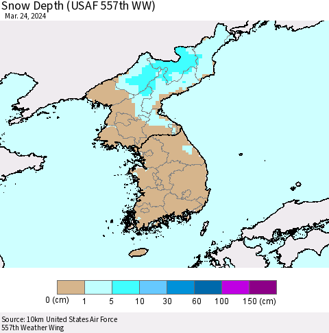 Korea Snow Depth (USAF 557th WW) Thematic Map For 3/18/2024 - 3/24/2024