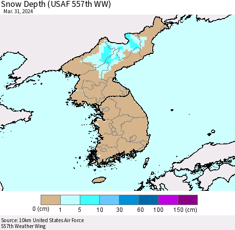 Korea Snow Depth (USAF 557th WW) Thematic Map For 3/25/2024 - 3/31/2024