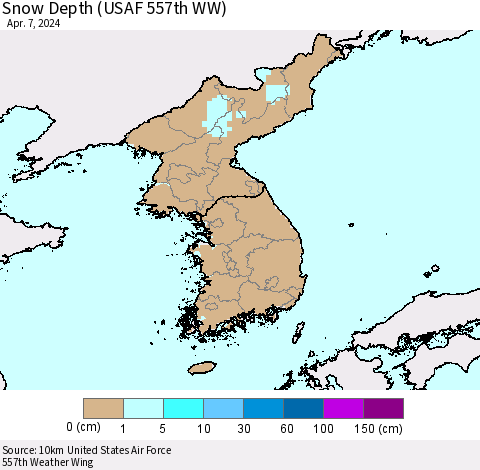 Korea Snow Depth (USAF 557th WW) Thematic Map For 4/1/2024 - 4/7/2024