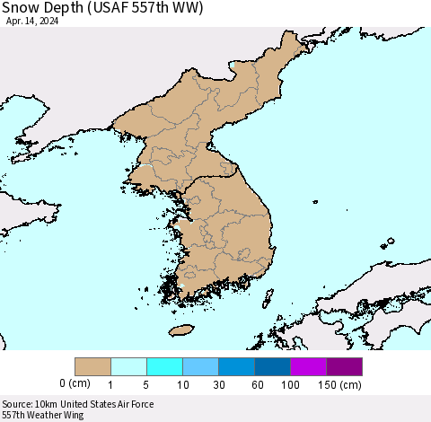 Korea Snow Depth (USAF 557th WW) Thematic Map For 4/8/2024 - 4/14/2024