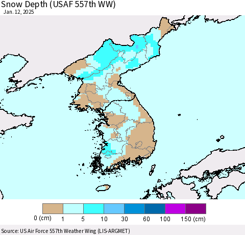 Korea Snow Depth (USAF 557th WW) Thematic Map For 1/6/2025 - 1/12/2025