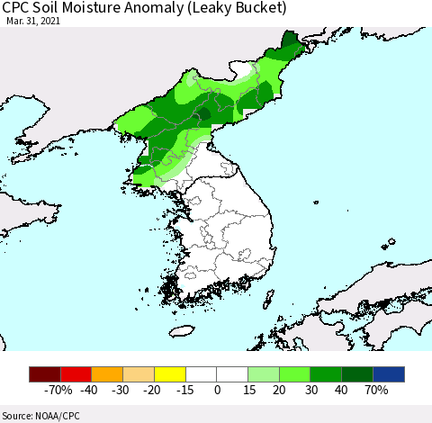 Korea CPC Soil Moisture Anomaly (Leaky Bucket) Thematic Map For 3/26/2021 - 3/31/2021