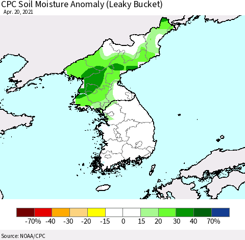 Korea CPC Soil Moisture Anomaly (Leaky Bucket) Thematic Map For 4/16/2021 - 4/20/2021