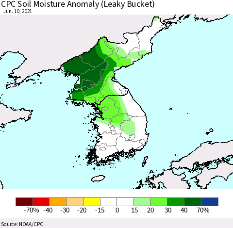 Korea CPC Soil Moisture Anomaly (Leaky Bucket) Thematic Map For 6/6/2021 - 6/10/2021