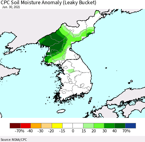 Korea CPC Soil Moisture Anomaly (Leaky Bucket) Thematic Map For 6/26/2021 - 6/30/2021